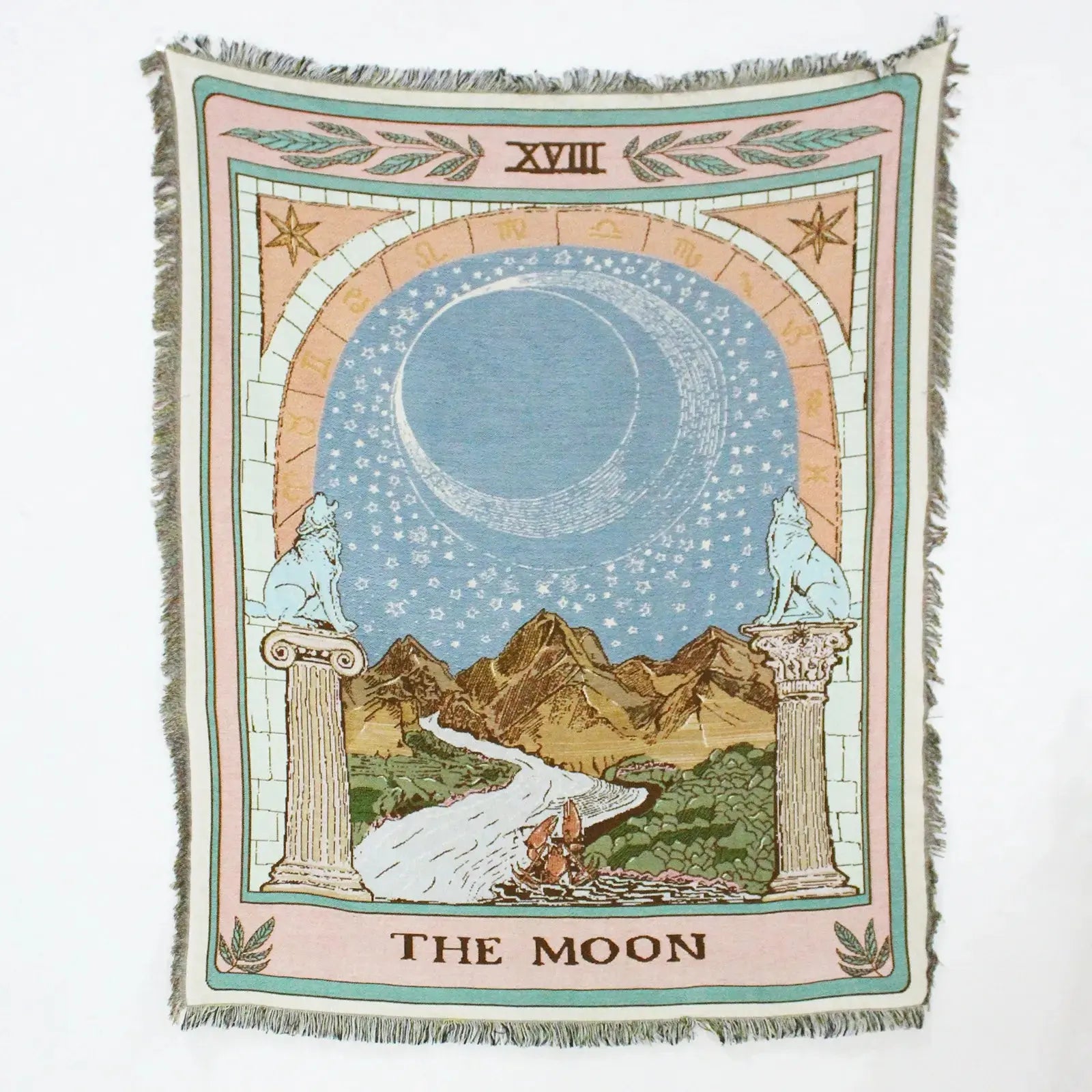 Decorative blanket with 'The Moon' design featuring a celestial scene and mountains.