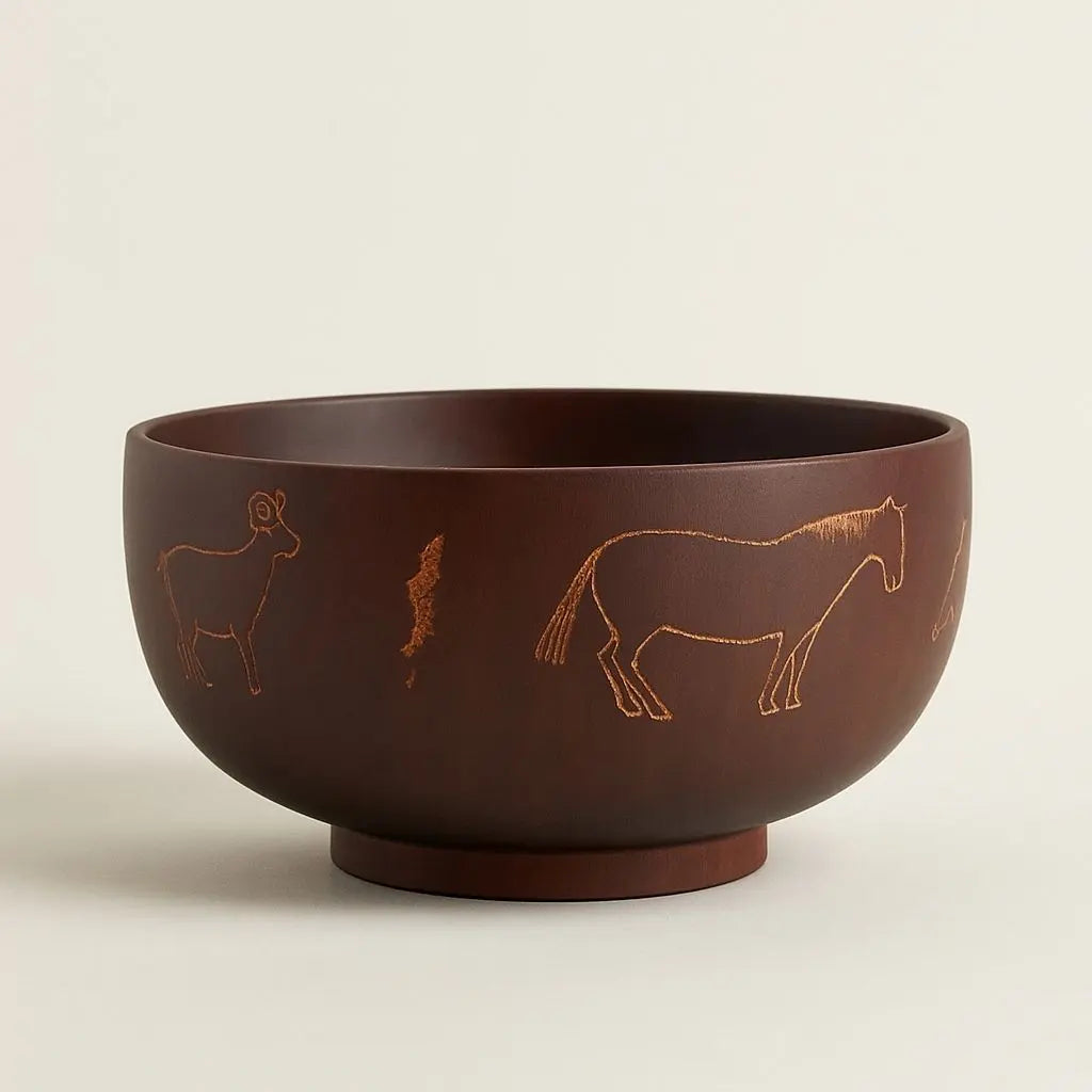Artisan crafted wooden serving bowl featuring intricate hand carved ethnic patterns and cultural design