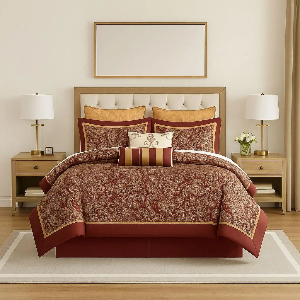 Paisley jacquard comforter set with 12 pieces including cotton sheets in deep red gold silver design for queen bed