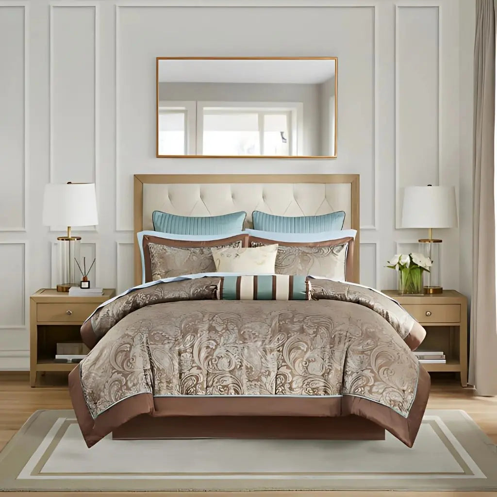 Coordinated bed skirt with charmeuse fabric drop completing the paisley jacquard comforter set ensemble