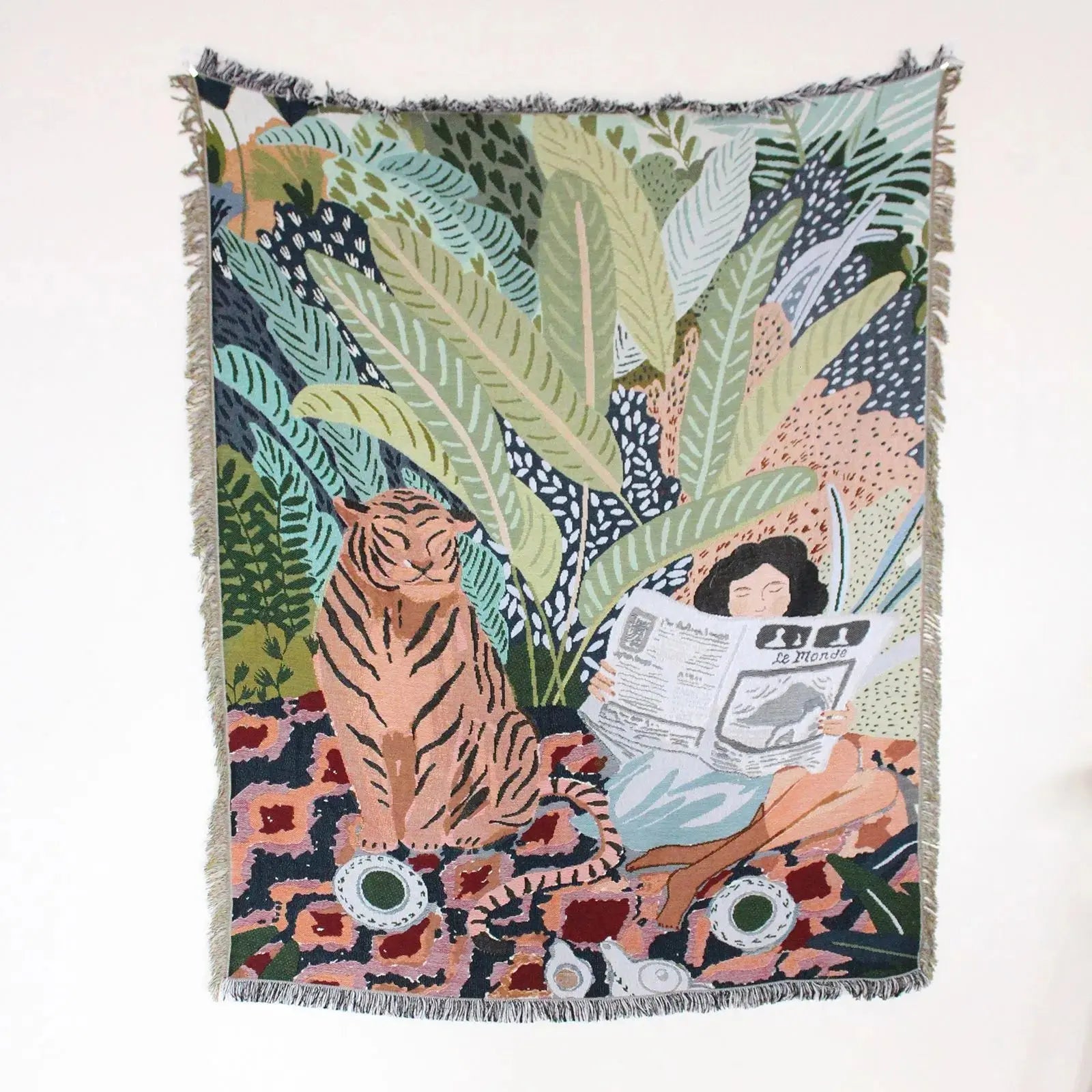 Decorative blanket with a tiger and woman reading a newspaper design on a white background