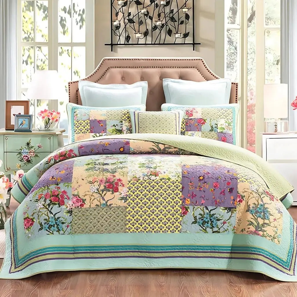 Complete 3-piece cotton bedding set with quilt and matching pillowcases for bedroom styling