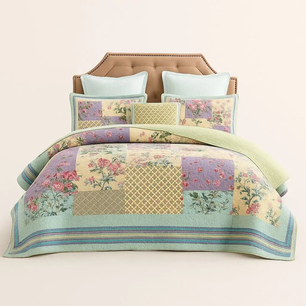 Soft cotton bedding set featuring quilted texture and delicate floral patchwork for bedroom comfort