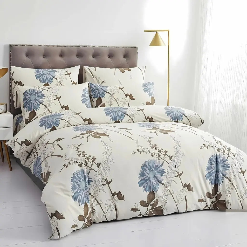 Complete floral bedding set with duvet cover and pillowcases featuring hidden zipper and corner ties