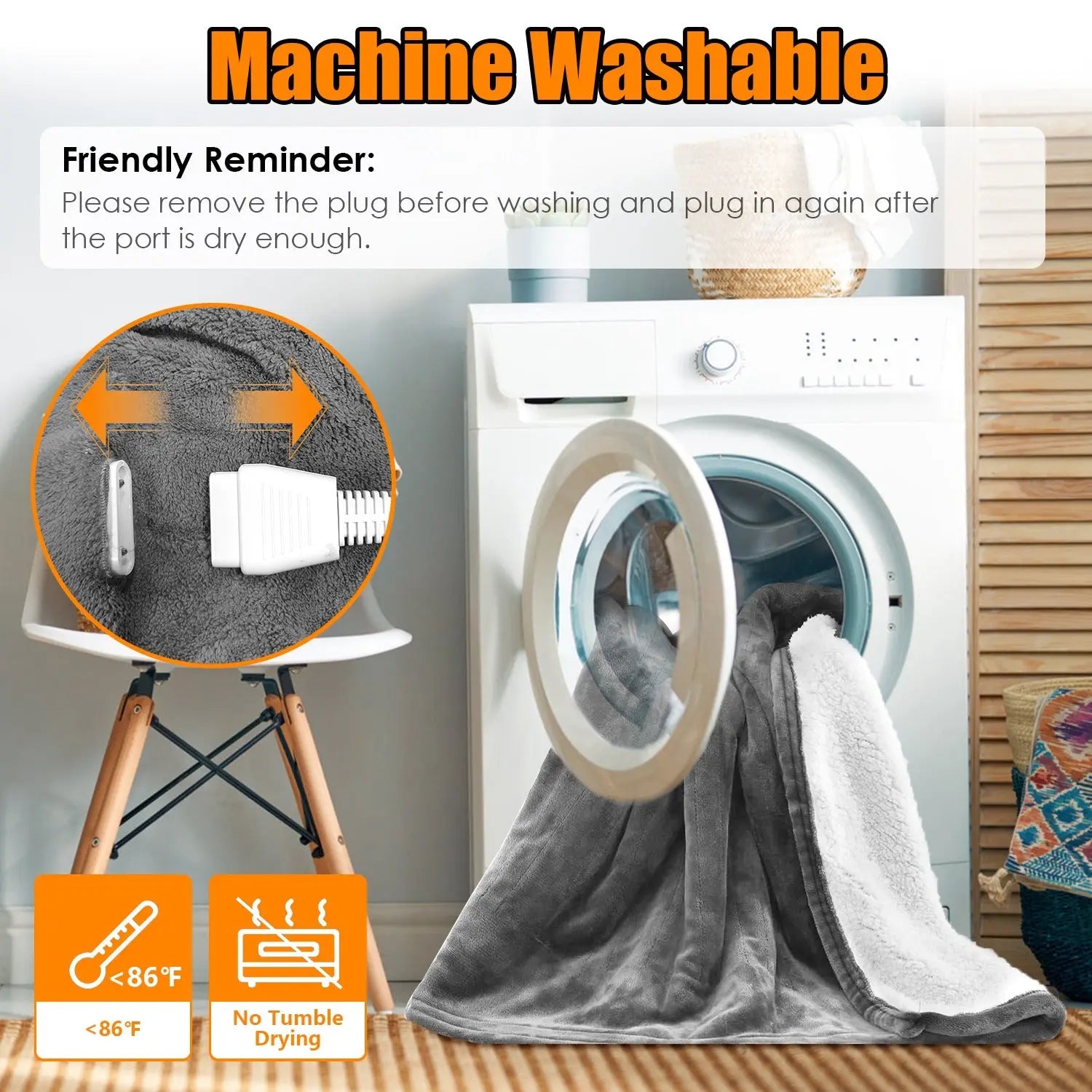 Machine washable heated blanket with a washing machine and blanket, featuring a friendly reminder for proper care.