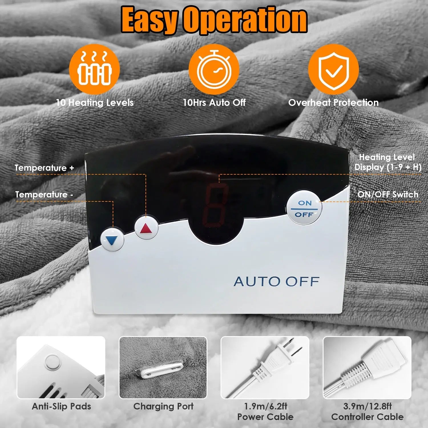 Control panel of a heating pad with features highlighted and a heating blanket in the background.