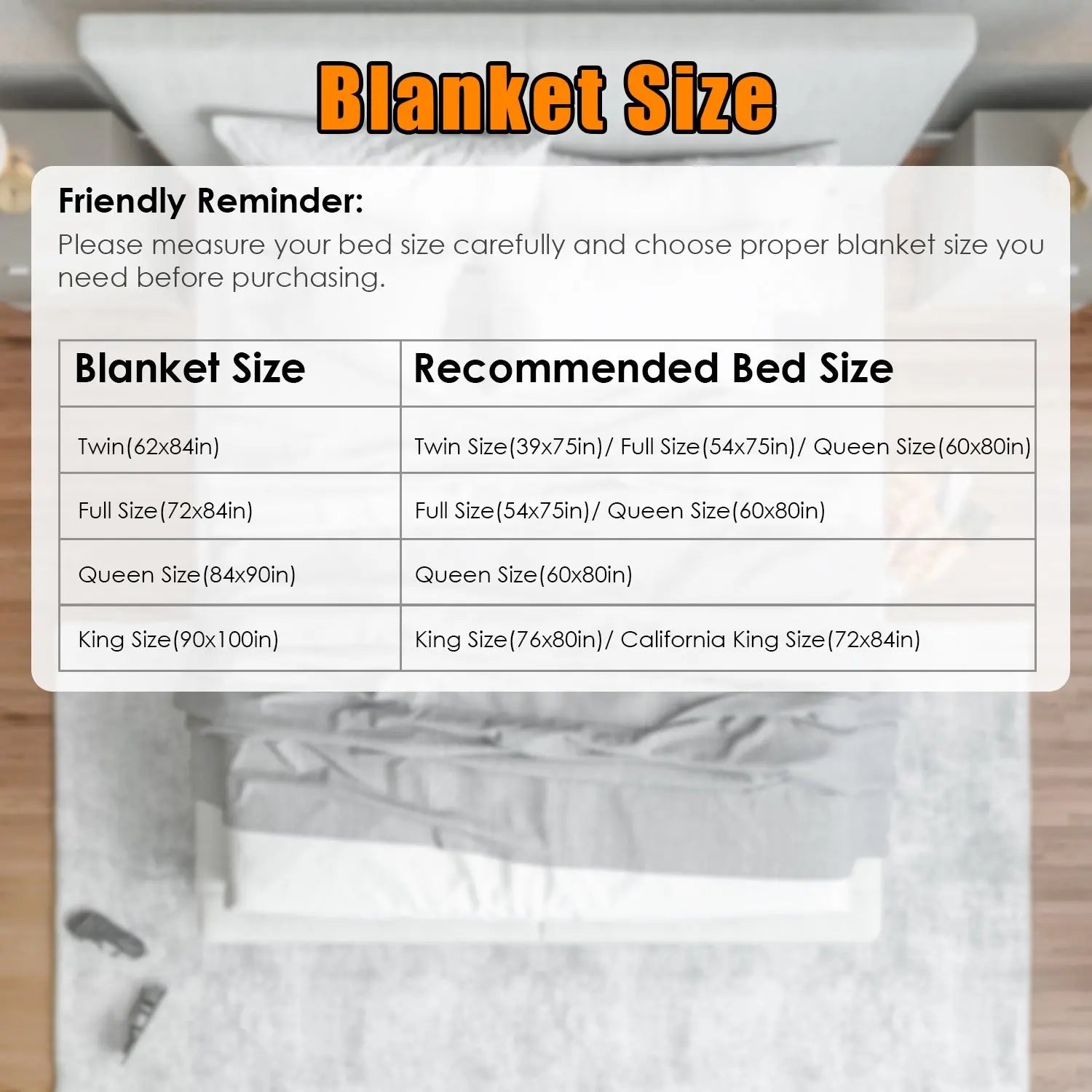 Blanket size chart with recommended bed sizes on a blurred background