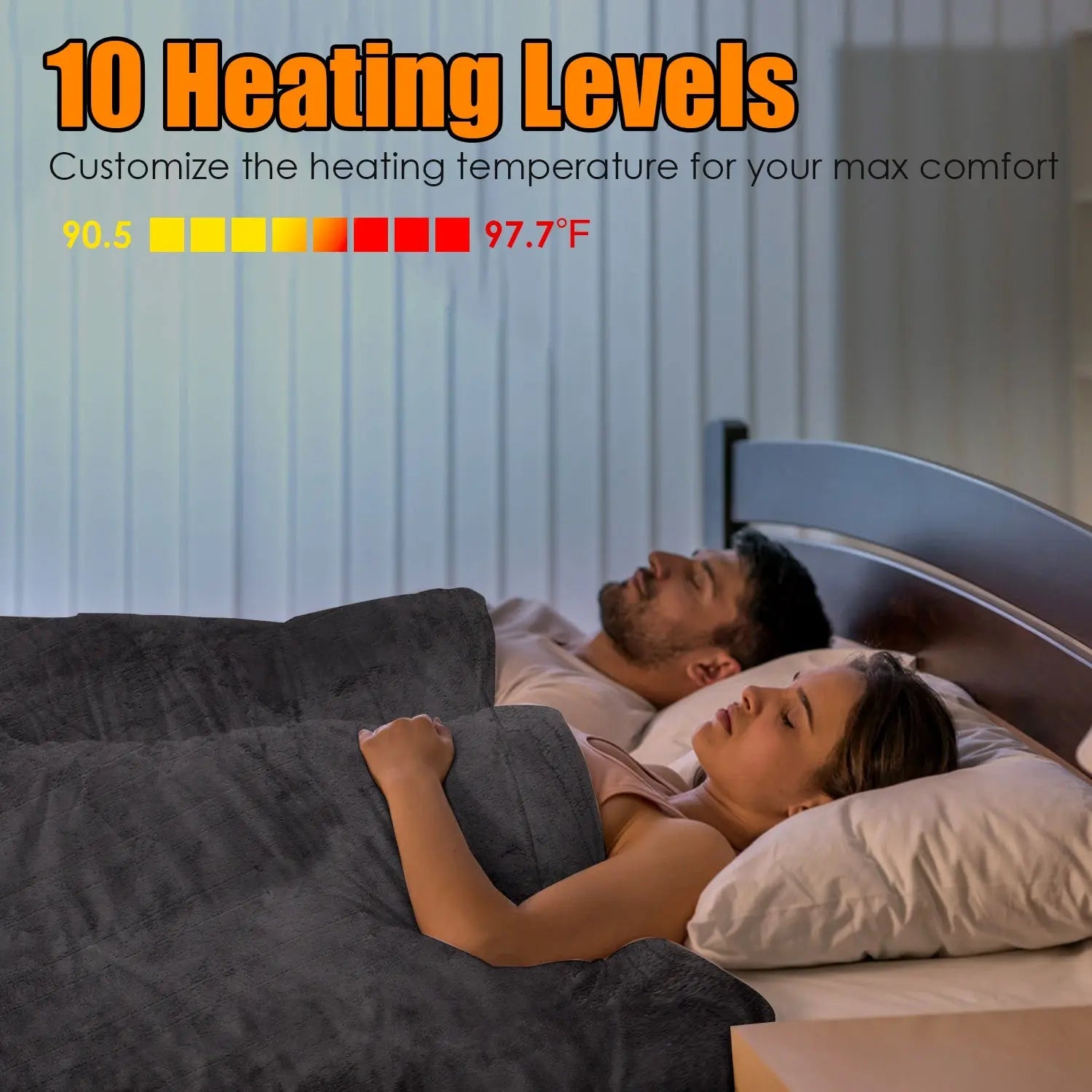 Two people lying in bed with a heating blanket, showing 10 heating level indicator.