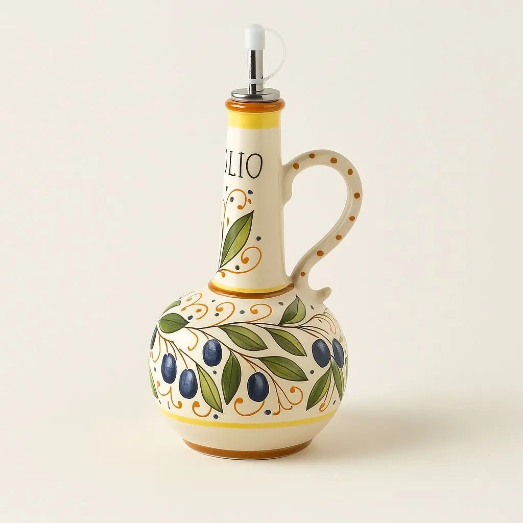 Hand painted ceramic oil bottle with pour spout, 700ml olive oil dispenser for Mediterranean kitchen decor