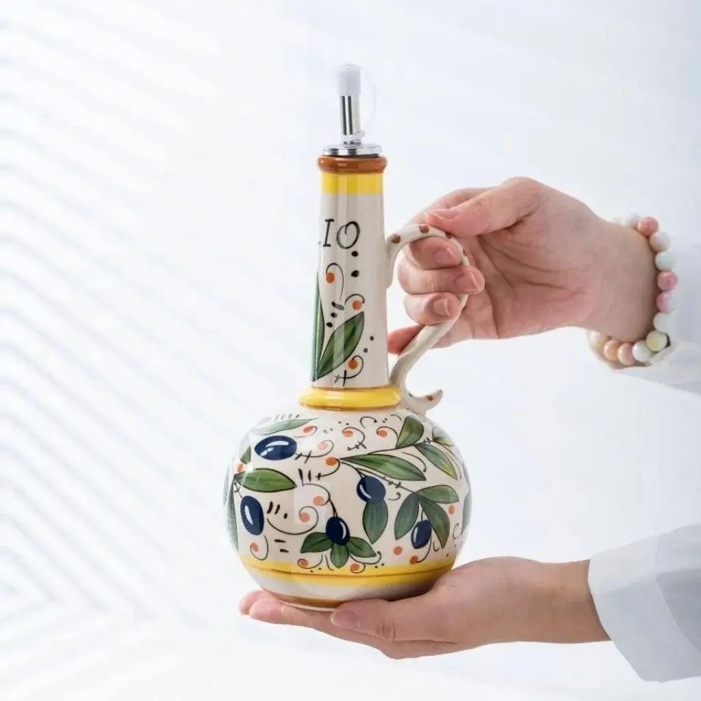 Mediterranean ceramic oil vinegar cruet set with decorative hand painted design for kitchen storage