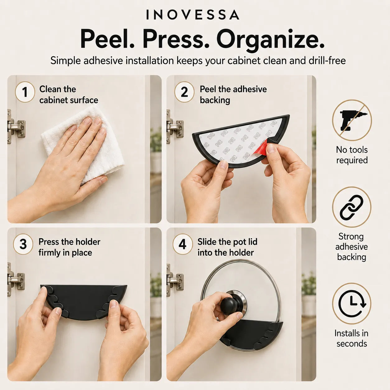 An instructional graphic for an Inovessa peel-and-organize pot holder, showing four numbered steps with hands demonstrating how to clean, peel backing, press, and slide a black pot holder onto a white cabinet door. Text on the right highlights key benefits like no tools required and strong adhesive backing.
