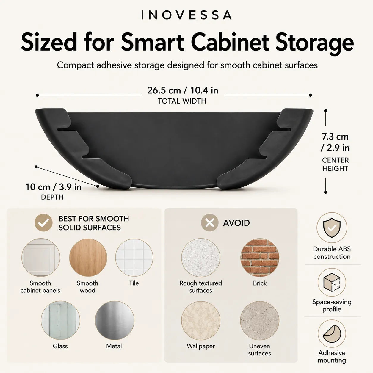 Inovessa smart cabinet storage shelf shown on a white infographic background with dimensions, usage examples, and mounting features.