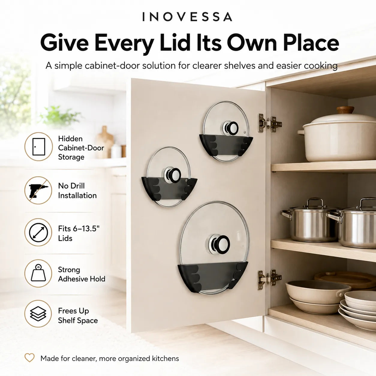 Inovessa adhesive lid storage system shown mounted on a kitchen cabinet door, with three clear glass lids attached in different sizes. The image includes marketing text and icons highlighting features such as hidden cabinet-door storage, no drill installation, fit for 6-13.