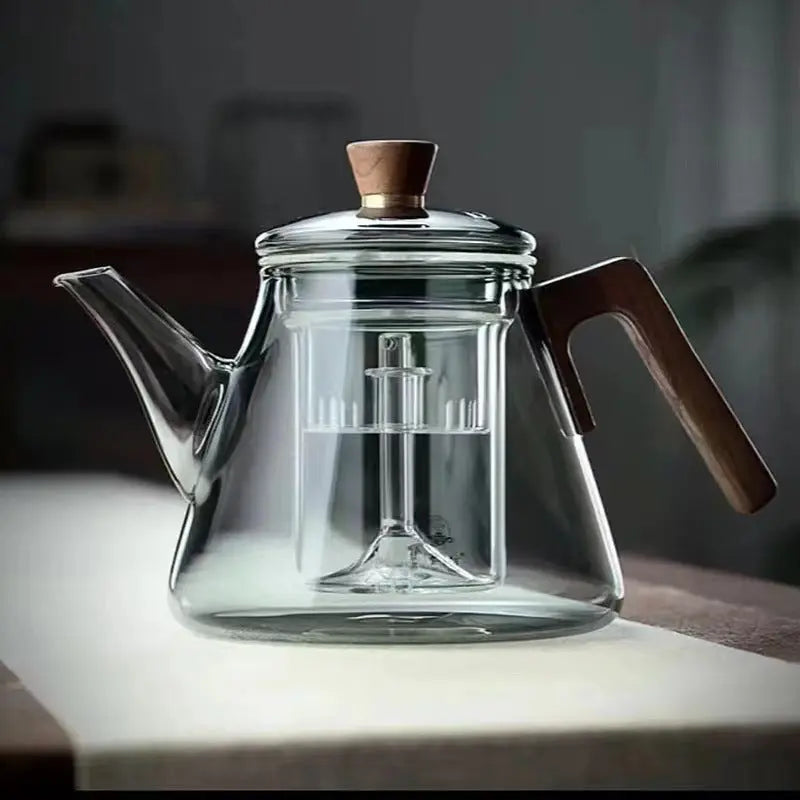 Aetheris stovetop glass teapot - borosilicate tea infuser with wooden handle 30oz brewing capacity