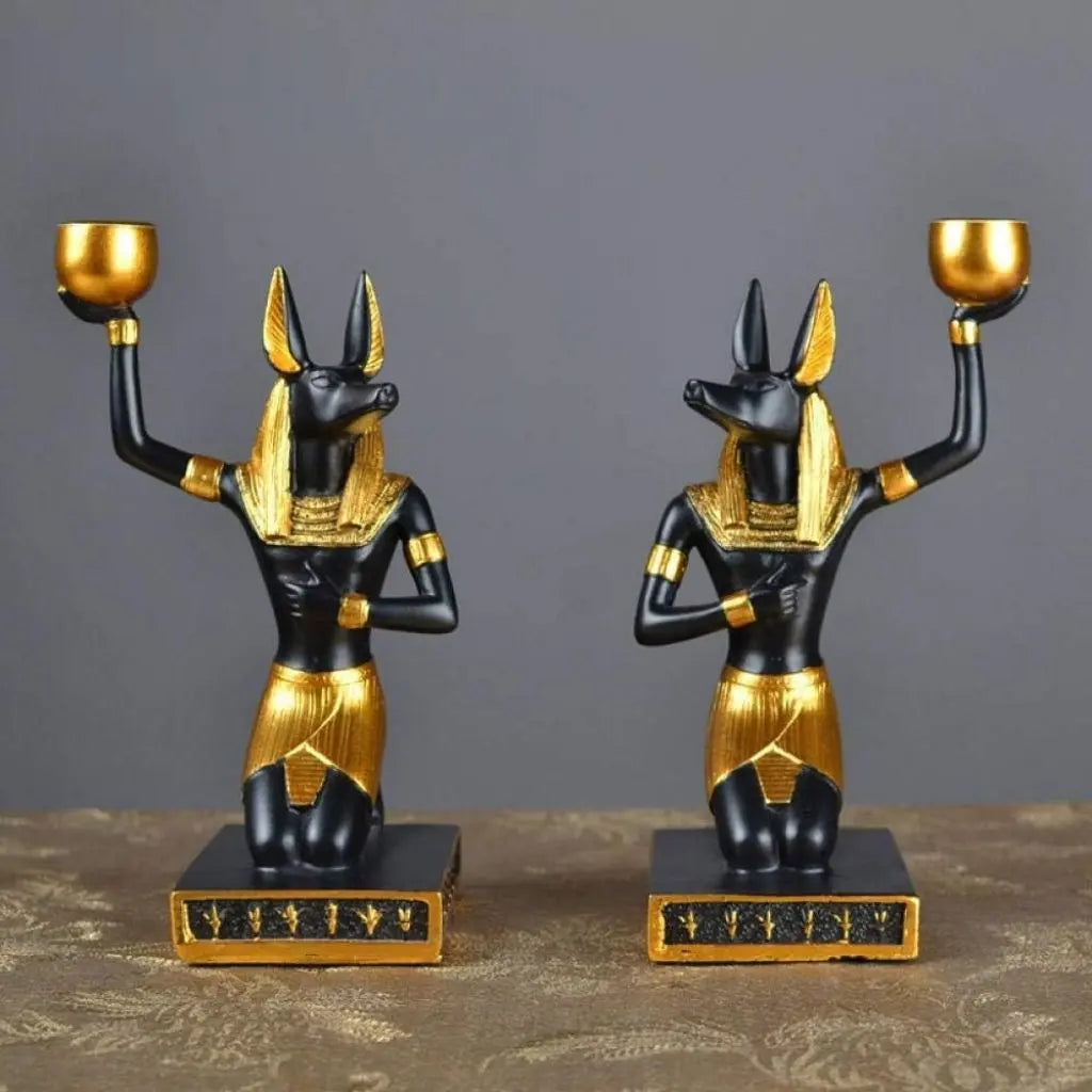 Egyptian god Anubis figurine with offering bowl, spiritual candle holder decor for tabletop accents
