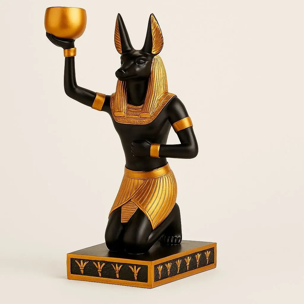 Detailed Anubis statue in kneeling pose, premium egyptian home decor with metallic finish for candles
