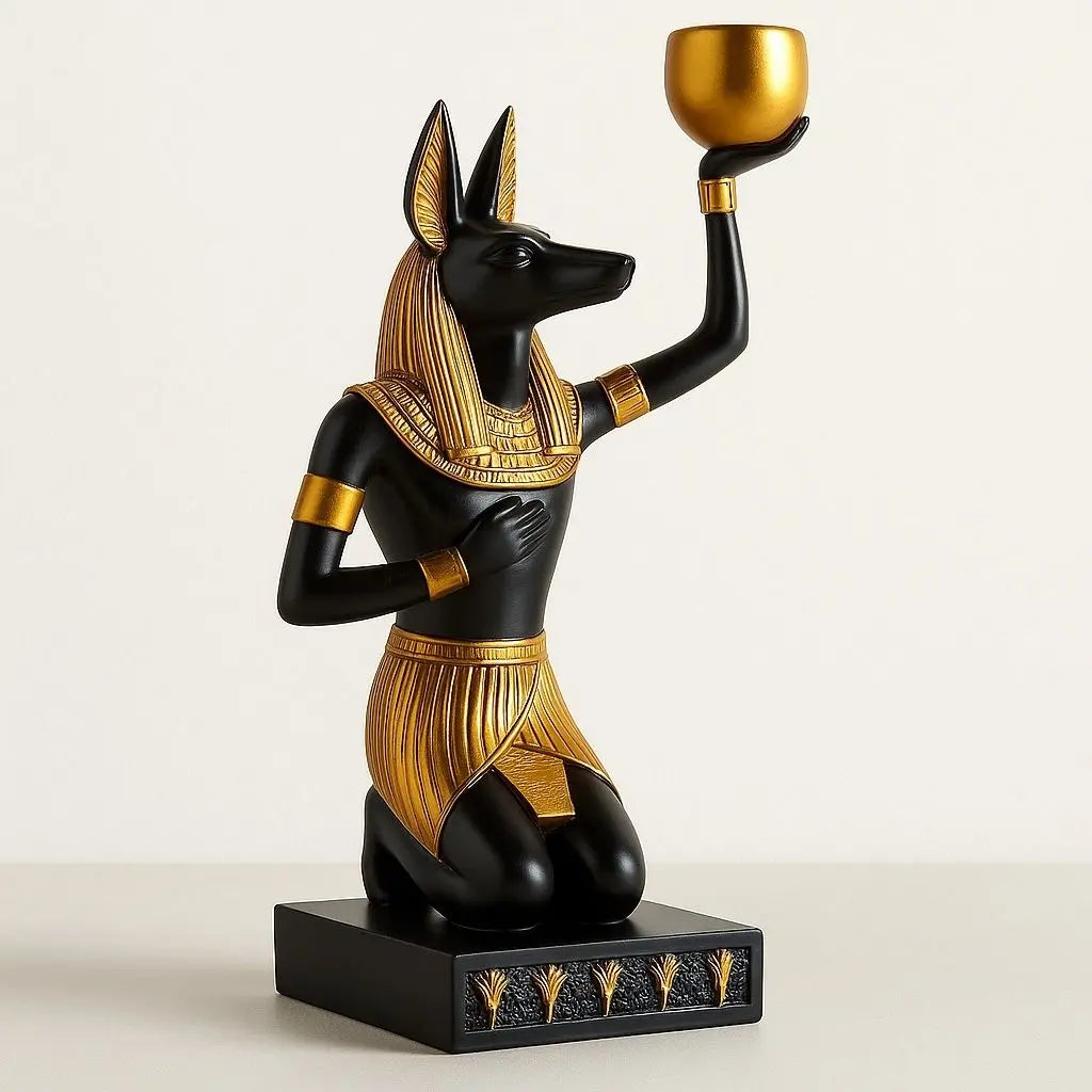 Egyptian Anubis candle holder statue with gold accents, handcrafted resin decor for home altar displays