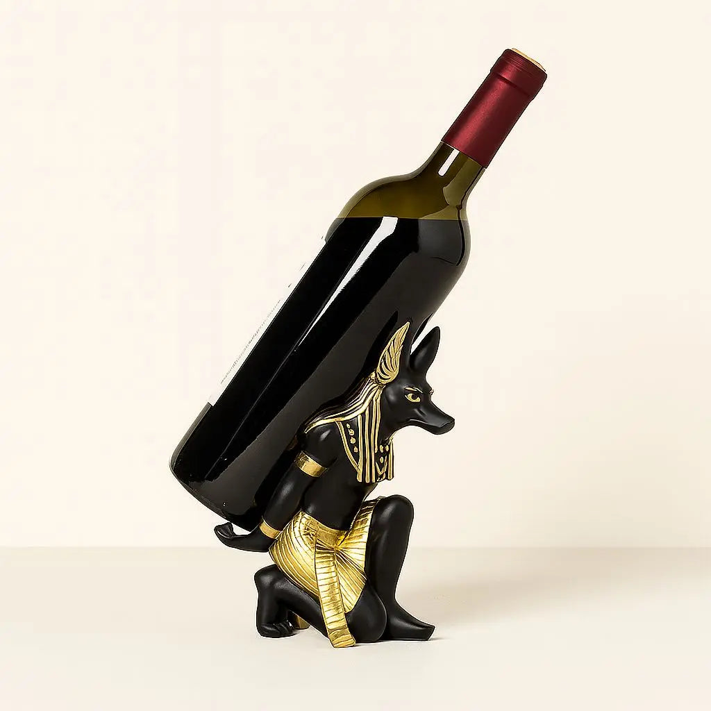 Anubis Egyptian Wine Bottle Holder - hand-sculpted ancient mythology statue with black finish and gold accents