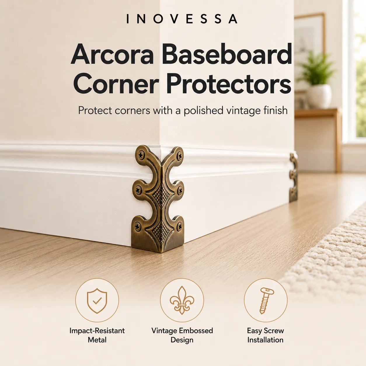Inovessa Arcora Baseboard Corner Protectors with decorative corner protector on a baseboard.