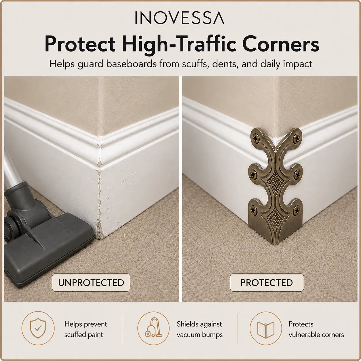 Inovessa corner protector showing before and after effects on baseboards.