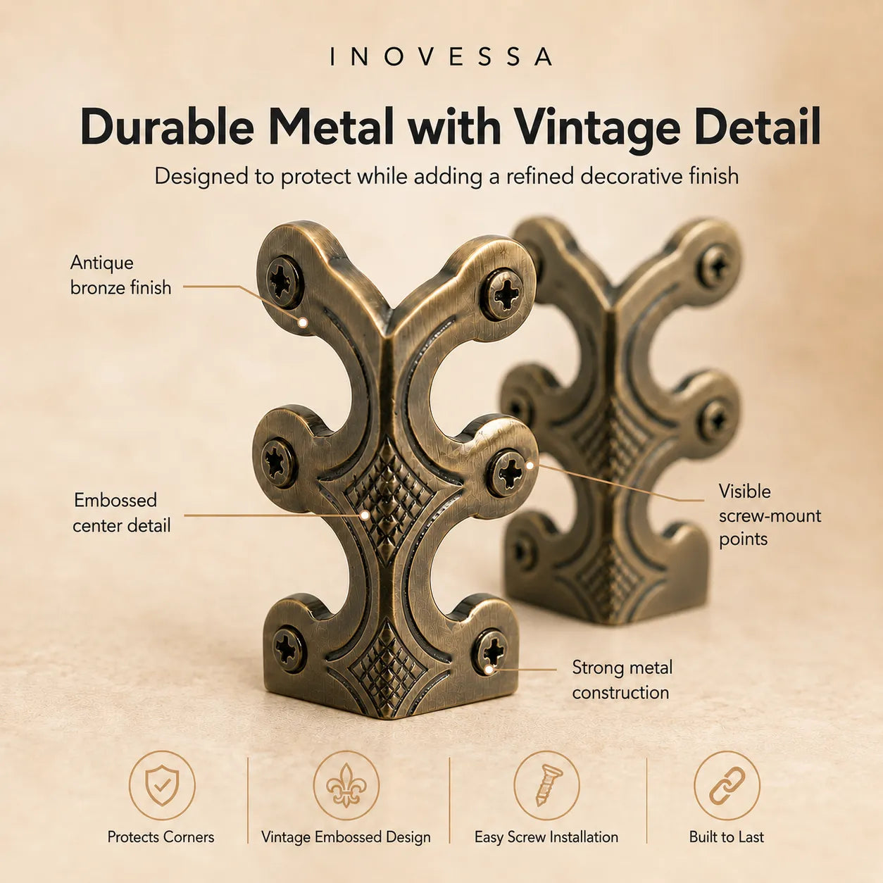 Decorative metal brackets with vintage design on a beige background, featuring the brand 'Inovessa'.