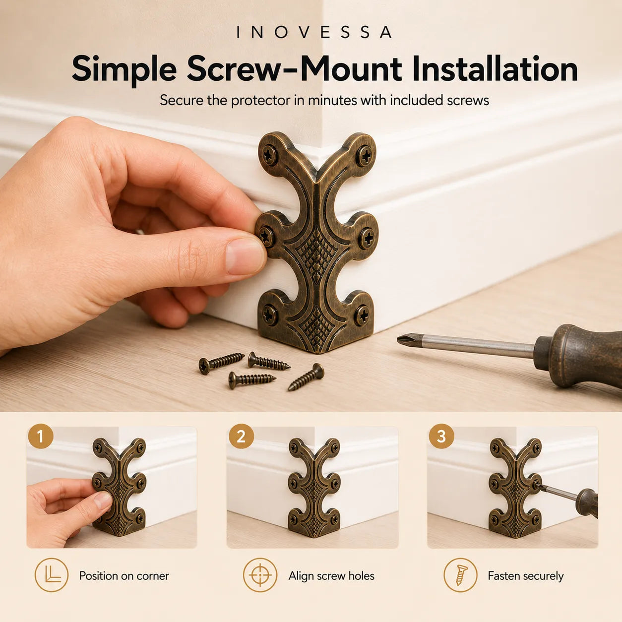 Brass decorative corner bracket with screw installation instructions on a wooden surface.