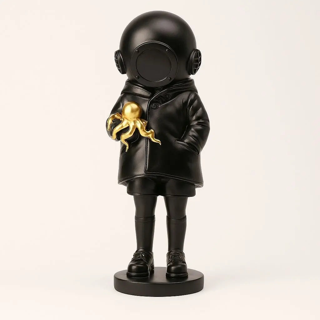 Resin astronaut statue with golden octopus accent - modern home decor figurine for desk and shelf display