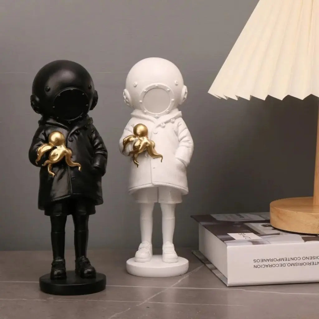 Resin astronaut statue with golden octopus accent modern home decor figurine for desk and shelf display