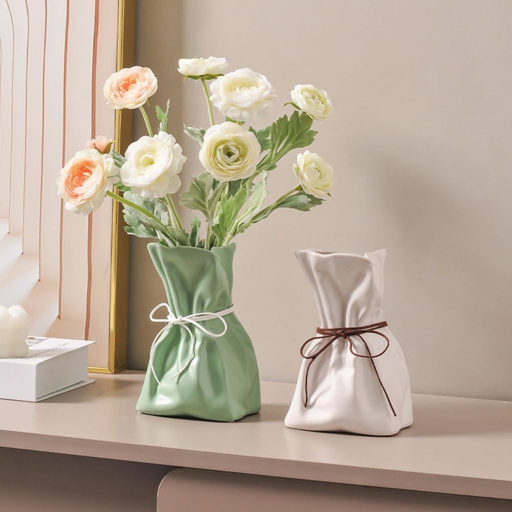Unique rustic ceramic vase with rope texture design perfect for boho and farmhouse decor