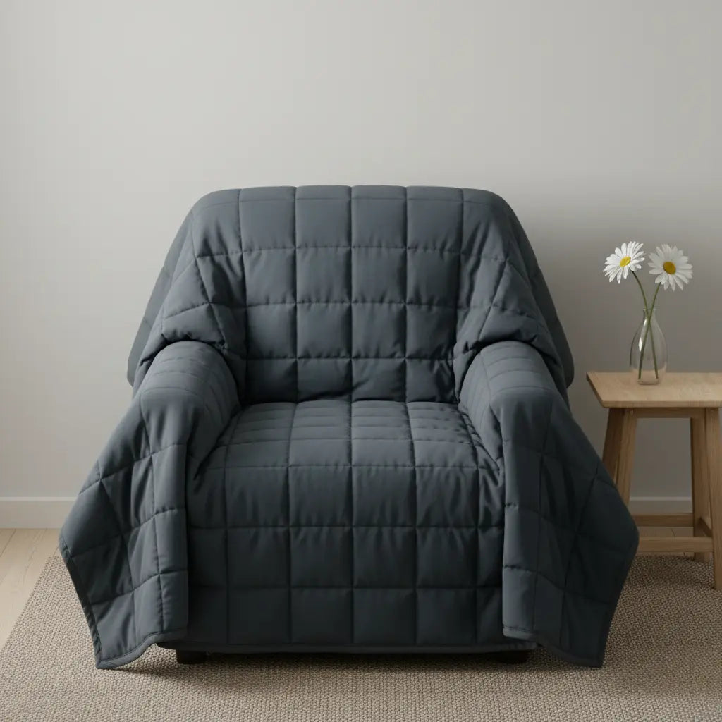 Gray quilted armchair cover draped over a chair in a room with a small table and flowers.