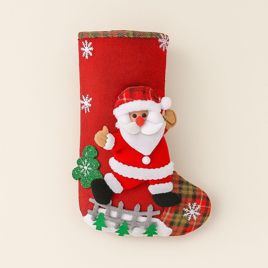 Fabric Christmas stocking bag with Jordan character appliqué on white background