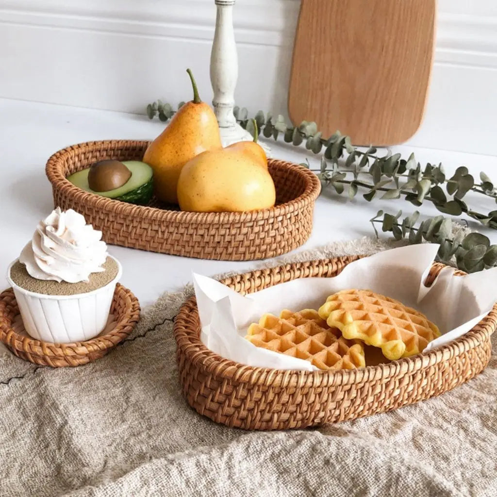 Rattan storage basket kitchen organizer oval handcrafted natural texture traditional weave serving
