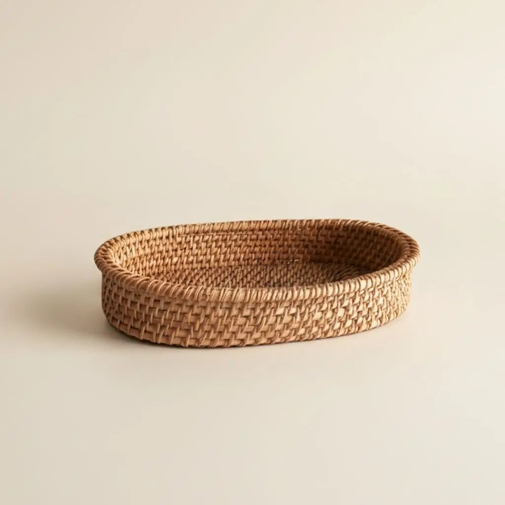 Decorative rattan basket home decor storage kitchen accent natural interior styling rustic