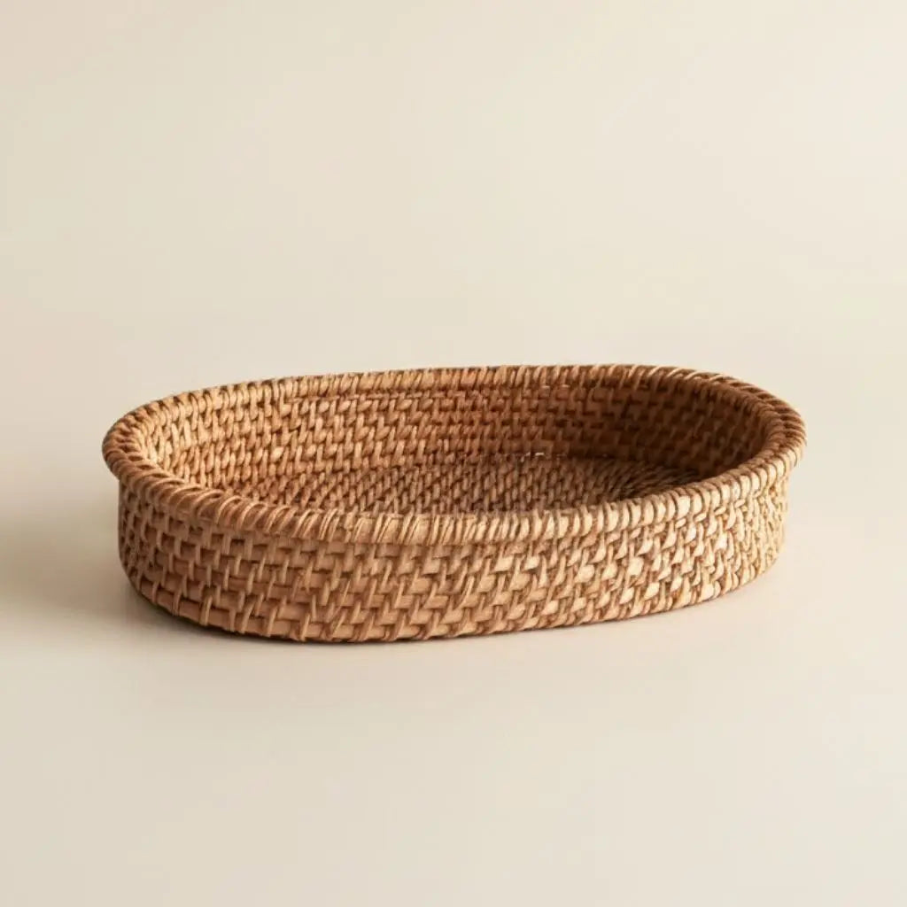 Handwoven rattan basket oval shape natural kitchen organizer for bread fruit storage Akito desig