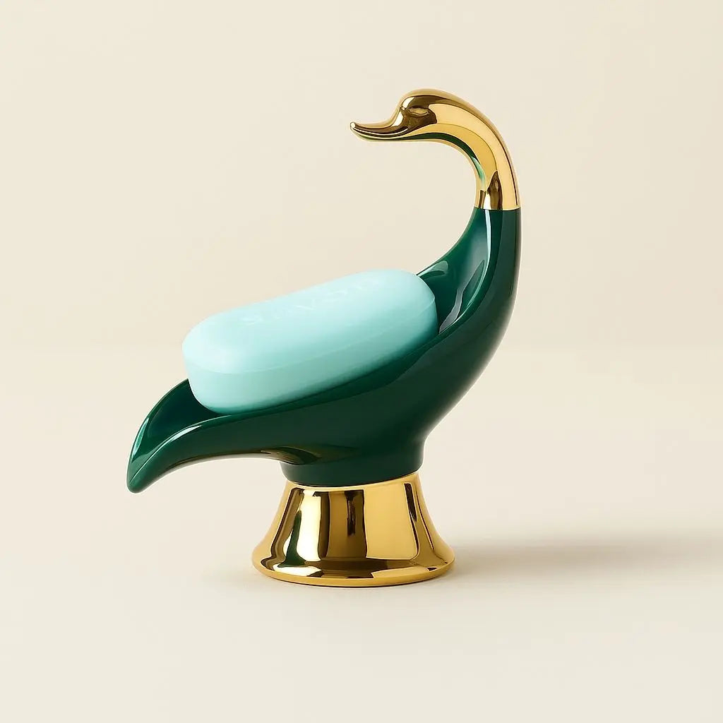 Swan-shaped ceramic soap holder featuring smooth glossy surface, perfect for bathroom vanity storage