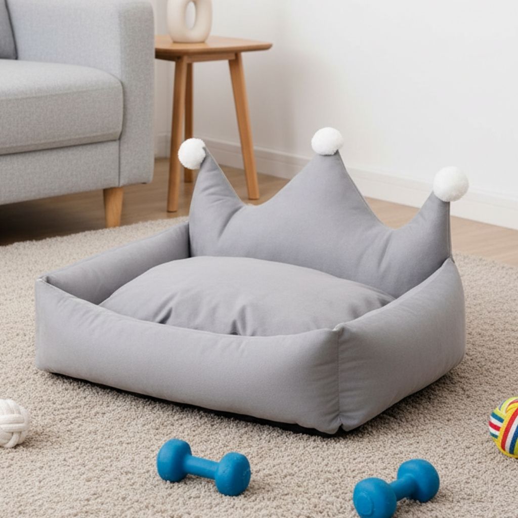 Medium dog bed in crown shape with crystal velvet cushioning