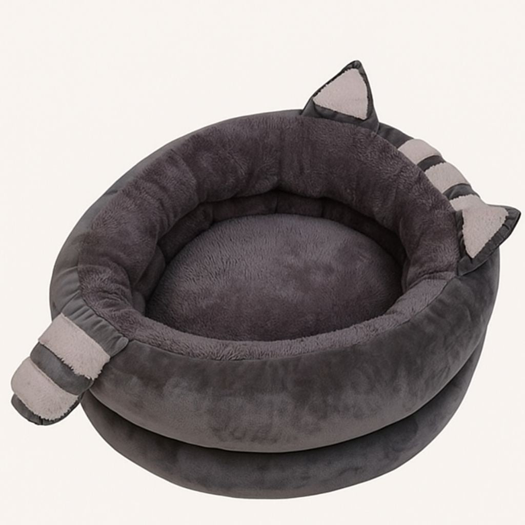 Gray round pet bed with raised rim for cats and small dogs
