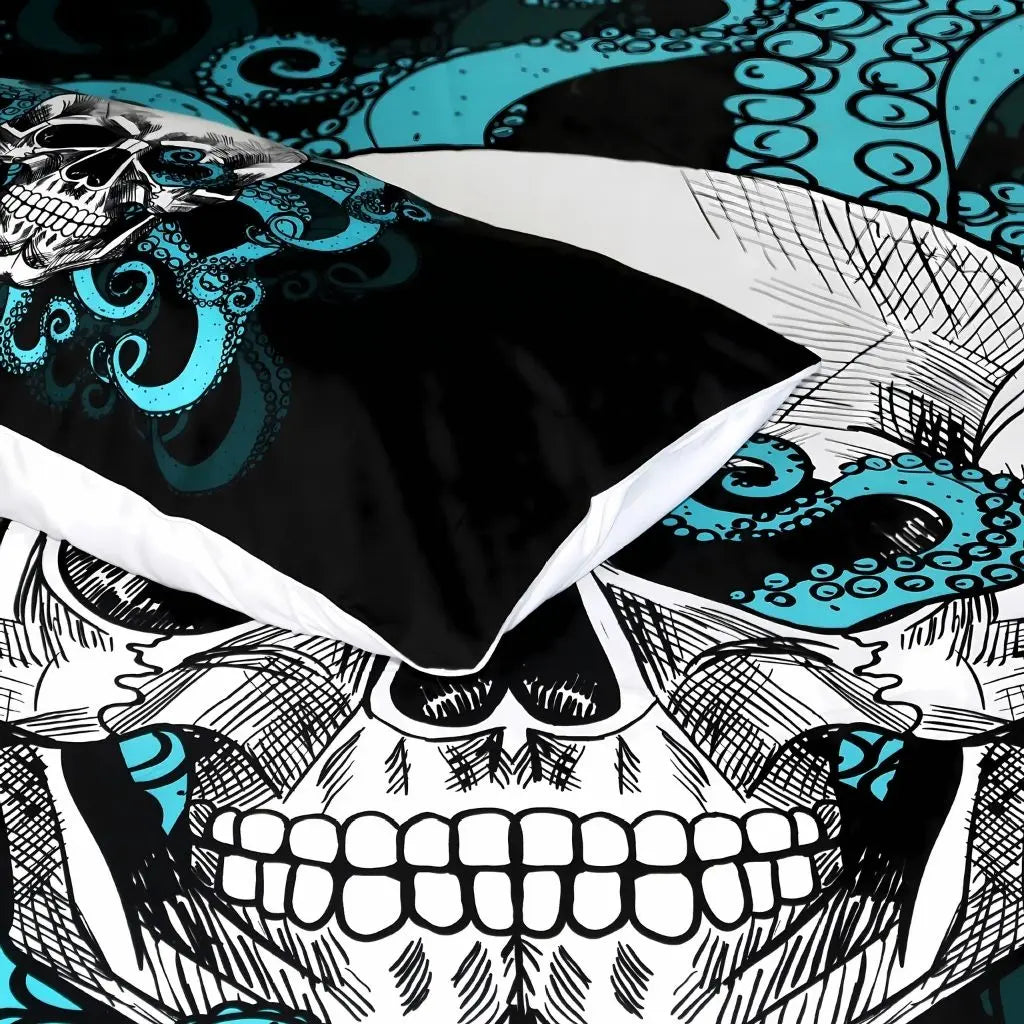 Wrinkle-resistant polyester skull bedding showcasing soft microfiber texture and gothic design details