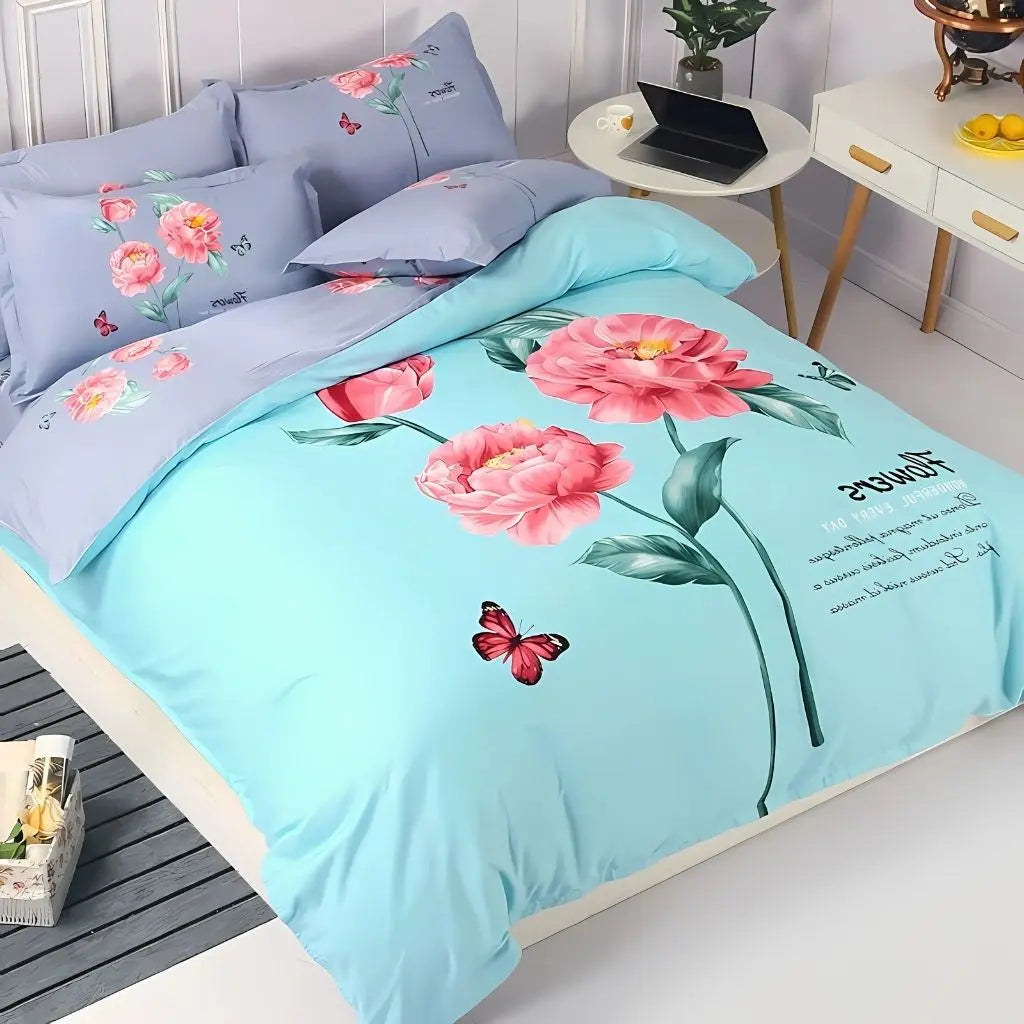 Complete four-piece sanded cotton bedding set including quilt cover, bed sheet, and pillowcases