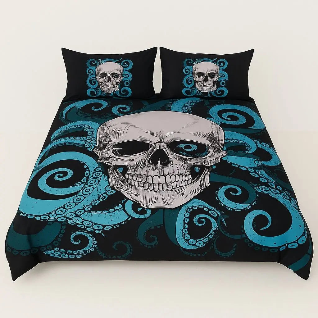 Skull-themed 3-piece polyester microfiber bedding set with duvet cover and fitted sheet for full size beds