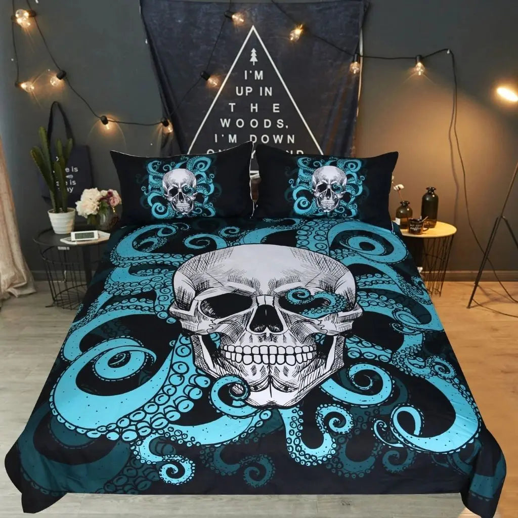 Complete skull-themed bedding collection including duvet cover, fitted sheet, and matching pillowcase for full beds