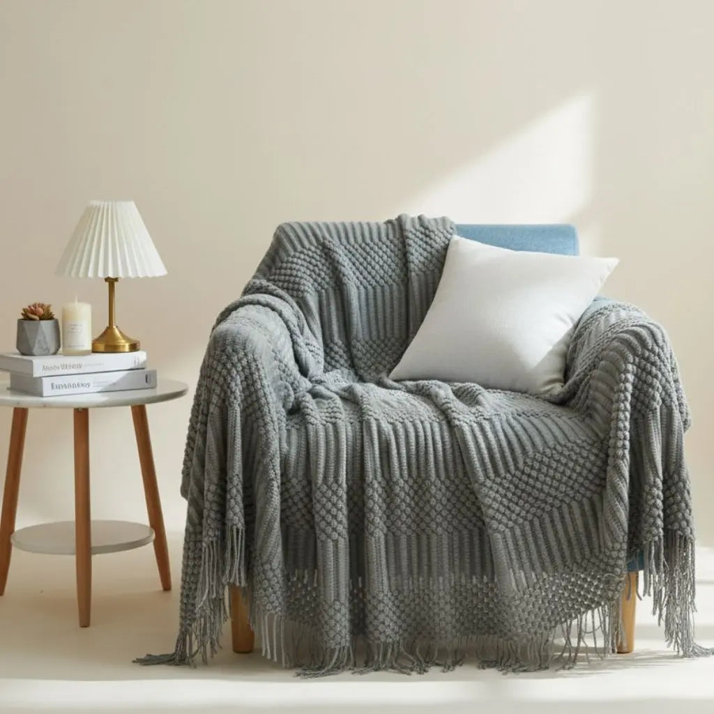 Scandi Fringe Nordic Knit Throw Sofa Blanket Inovessa