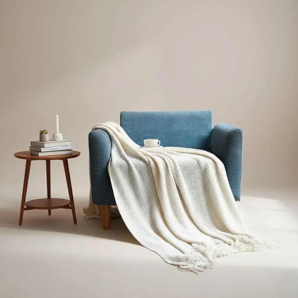 Knit throw blanket with pine weave pattern and tassel edges in soft acrylic for home décor