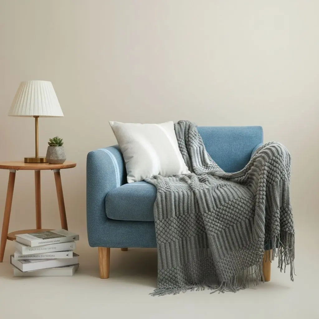 Scandi Fringe Nordic Knit Throw Sofa Blanket Inovessa