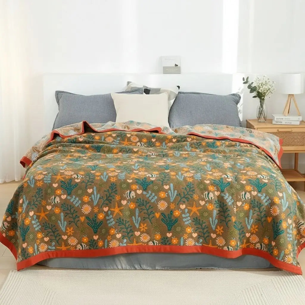 Cotton gauze throw with layered design construction providing comfort and breathable bedding