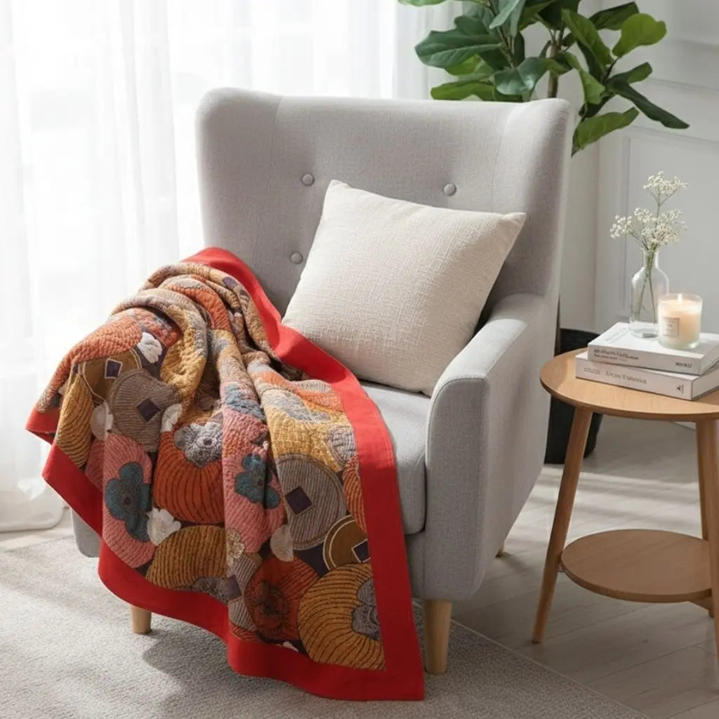 Cotton bedding blanket with artistic print and gauze weave for breathable home comfort