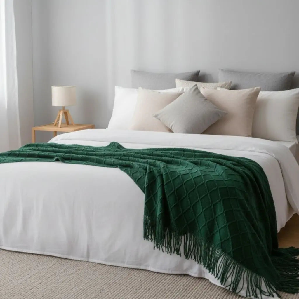 Woven cashmere blanket with scandinavian knit pattern and soft texture