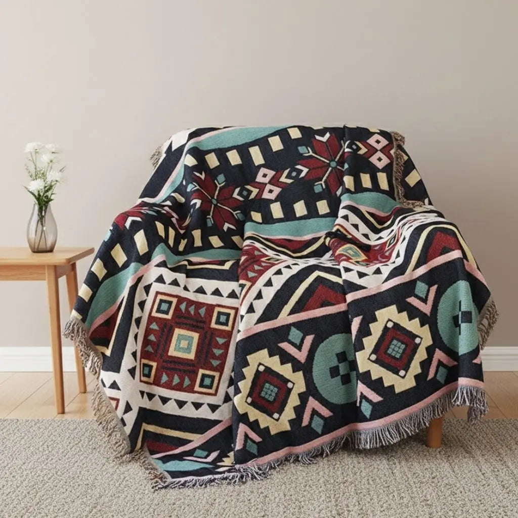 Outdoor boho blanket geometric pattern cotton polyester lounging throw versatile home decor textile