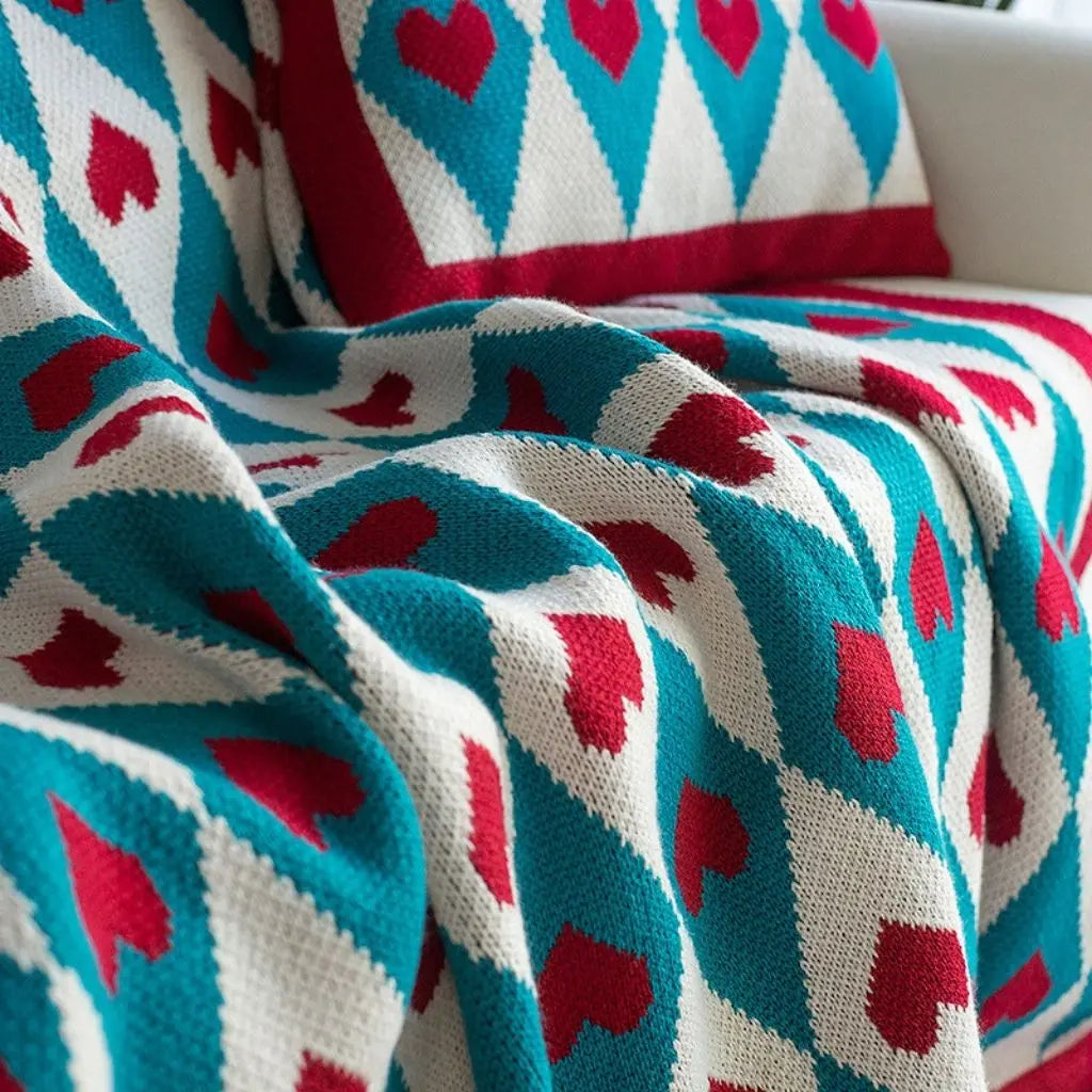 Versatile acrylic knit throw blanket with geometric motifs for functional home decor