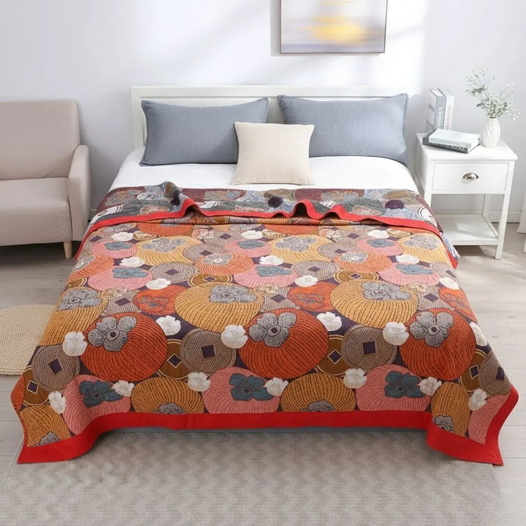 Soft cotton throw with five layer construction and floral gauze pattern for bedroom comfort